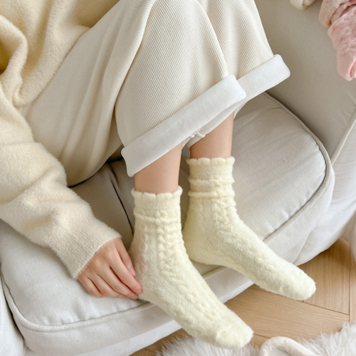 Plush Socks for Women, Mid-Calf Ins Style, Autumn/Winter Fleece-Lined & Thickened, Retro Cable-Knit Design, Colorful Australian Wool Long Socks for Sleep & Warmth