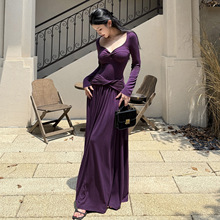 伊莉雅秋季懒慵风收腰大摆连衣裙女 法式个性V领拖地长裙CF25239