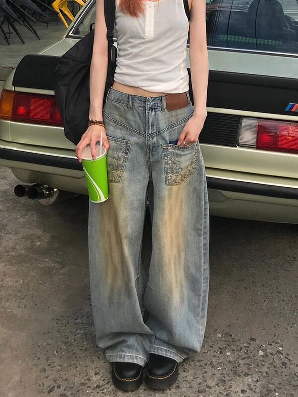 American Retro Spicy Girl Mud-Dyed Blue Washed Jeans for Women, Summer Embroidered Low-Waist Wide-Leg Loose Floor-Length Pants American Retro Spicy Girl Mud-Dyed Blue Washed Jeans for Women, Summer Embroidered Low-Waist Wide-Leg Loose Floor-Length Pants
