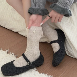 秋冬袜子女中筒小菱格波浪堆堆袜肌理感堆堆袜韩系简约纽扣袜纯棉