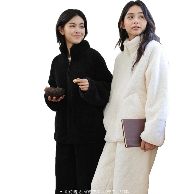 828冬季新款睡衣女立领拉链套装加绒加厚珊瑚绒保暖慵懒家居服外|undefined