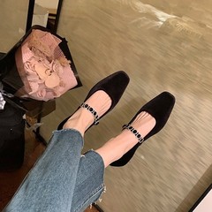 羊皮版~法式方头浅口气质水钻一字带玛丽珍鞋女绒面低跟平底单鞋