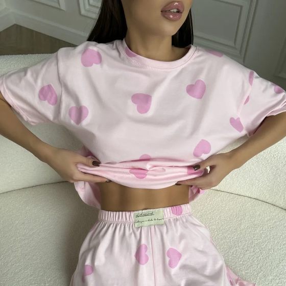 European and American Explosions Foreign Trade Pajamas Women's Round Neck Love Short-sleeved Shorts Casual Outfit Two-piece Women's Clothing