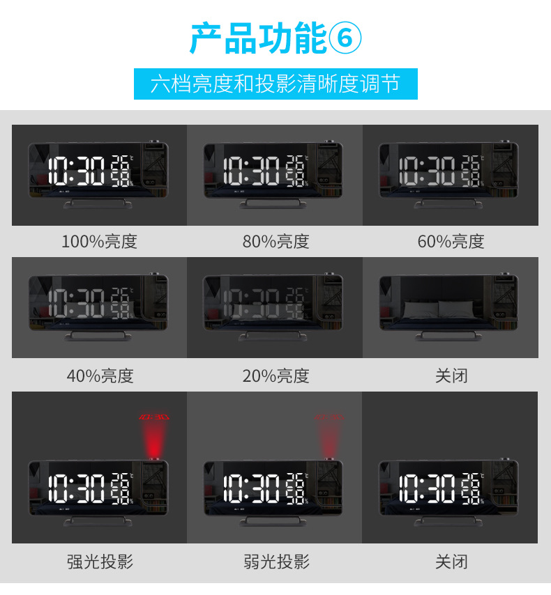 New cross-border radio projection alarm clock, LED large screen display, temperature and humidity electronic clock, digital alarm clock pic 12