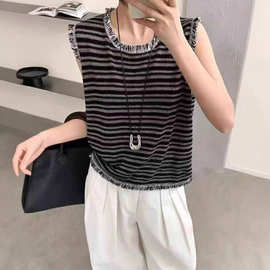 复古条纹流苏毛边条纹圆领无袖背心女夏季设计感时尚百搭针织小衫