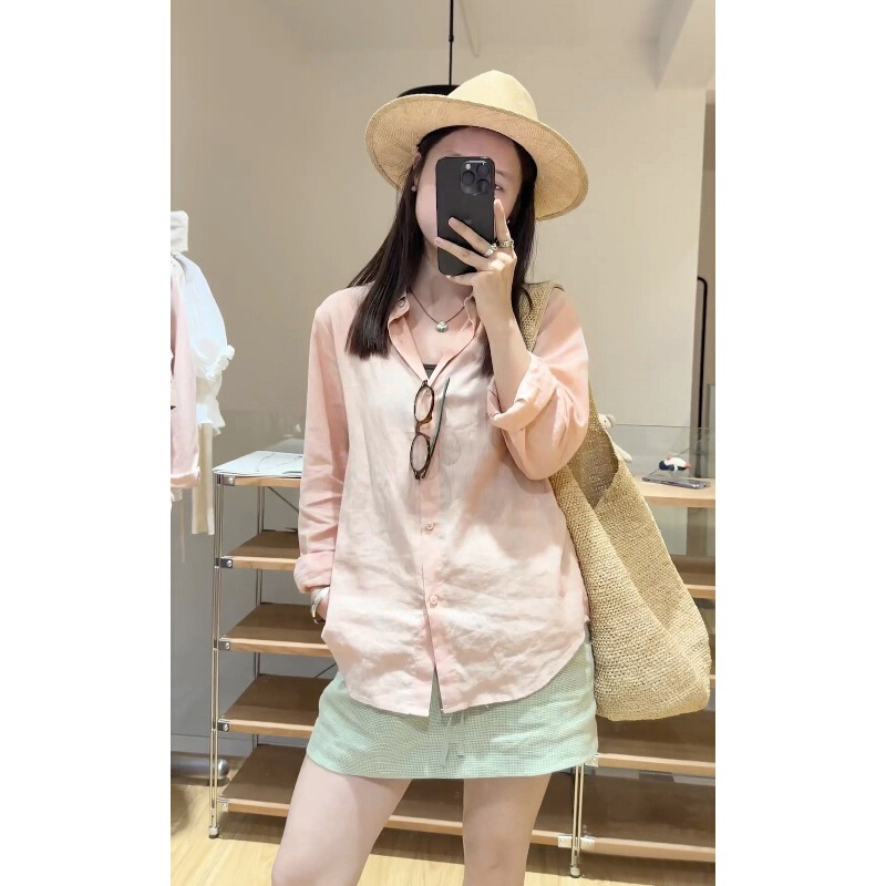 Linen Salmon Pink Shirt! New High-End Commuter Shirt Top for Early Spring