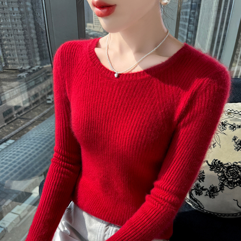 简约厚款圆领100羊毛衫女秋冬打底衫上衣修身新款百搭毛衣抽条|undefined