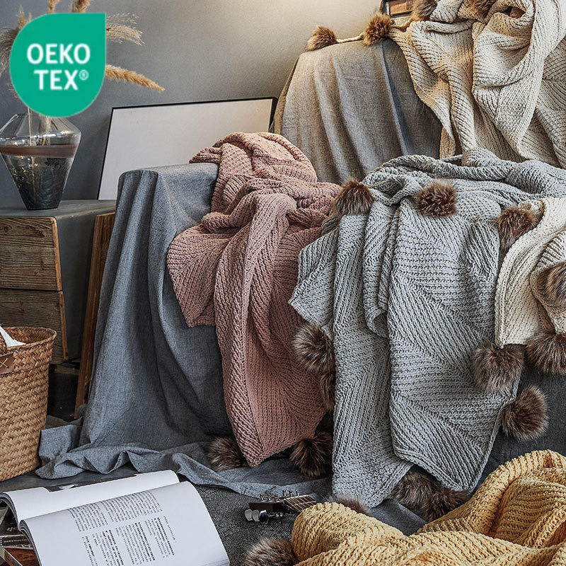 瑞景 米菲爾新款毛球球雪尼爾柔軟家居軟裝配飾辦公室午睡毛毯子