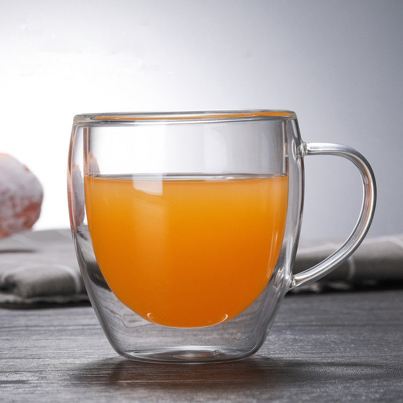 Taza de café de vidrio aislante de doble capa, taza de té con cinta transparente, taza de vidrio de doble capa de agua potable simple