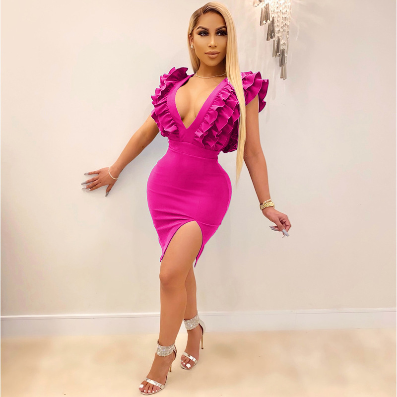 Amazon Best Sale European and American Clothing Pure Color Deep V Neck Pleated Fungus Club Mini Dress