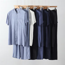 棉绸家居服套服中老年男士立领短袖衬衫夏季薄款人造棉睡衣套装