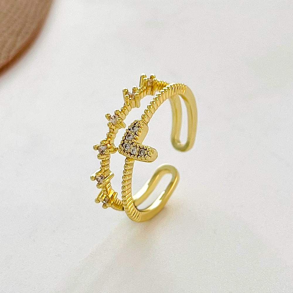 Fashion Style Fashion Double Layers Heart Zircon Inlaid Open Copper Ring