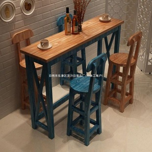 Mediterranean Solid Wood Bar Table and Chairs, High-Legged Table, Old Bar Table, Balcony Bar Table, Home Bar Table, Bay Window Hong Xiao
