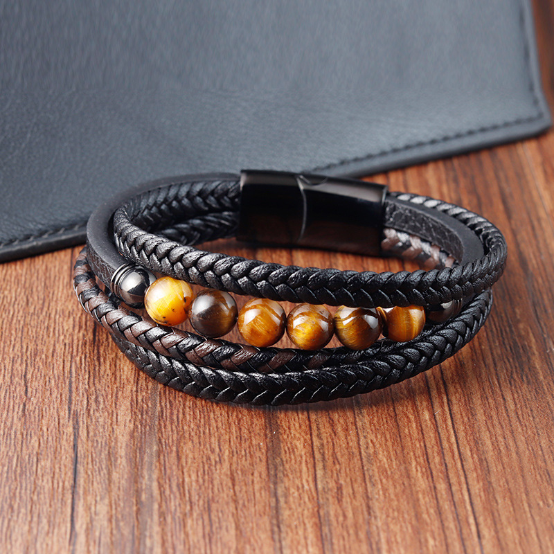 35g Weight wristband Classification Pu Leather Chain Material Woven Chain Chain Type Street Occasion Pu Leather, natural stone Material Geometric Pattern Men's Gender Polishing Design Vintage Style, Streetwear Style Vintage Style Streetwear Geometric Pu Leather Natural Stone Polishing Men's Wristband Men Cord & Leather Bracelets 8