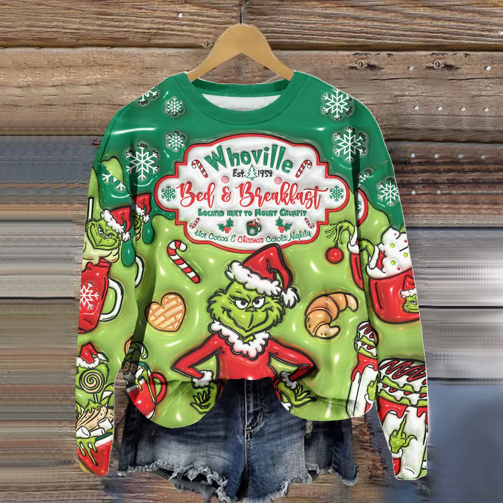 Гринч Рождество Гринч Зеленые волосы Монстр 3D Свитер с круглым вырезом 2023 Трансграничная горячая распродажа