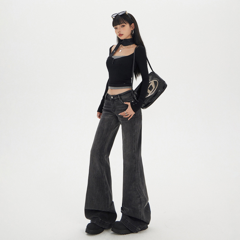 Yc & American Retro Low-Waist Flared Pants Slim Fit Versatile Stretch Bamboo Pattern Autumn and Winter Women's Jeans