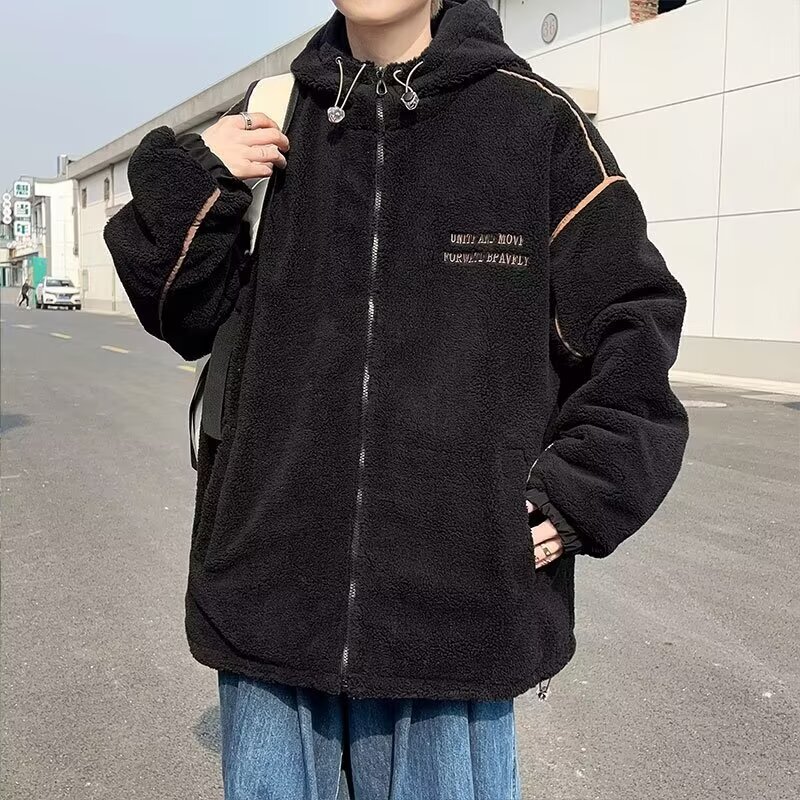 2025 Couple Clothing Retro Lamb Wool Jacket Men's Winter Letter Sweatshirt Fashion Trend Niche plus size