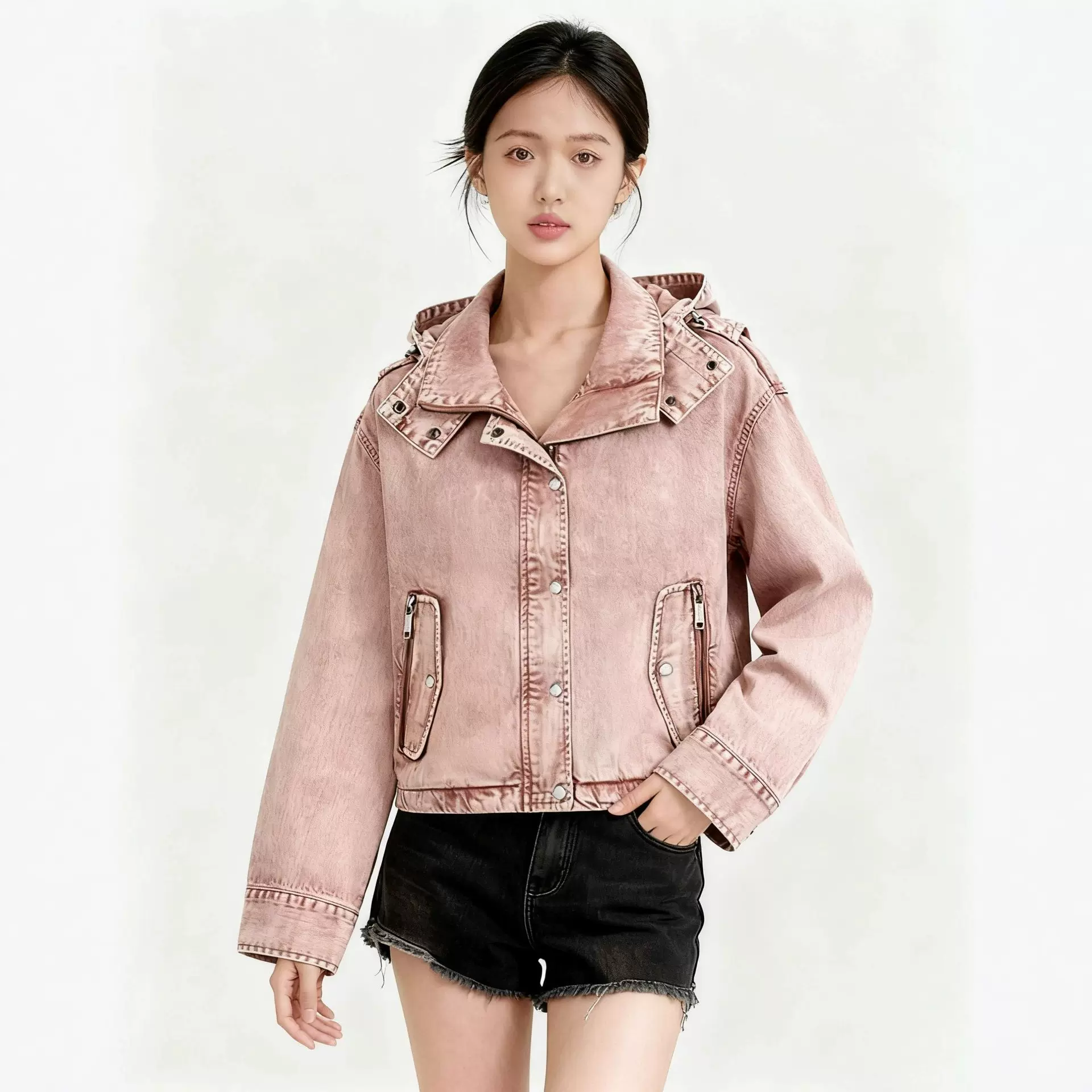定制春季新款粉色做旧牛仔连帽短款夹克女拉链口袋金属扣潮酷外套
