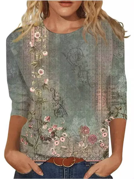 Cross-Border Amazon Women's Long-Sleeve Summer Ethnic Floral Slim-Fit Top Round Neck Slim-Fit Printed T-Shirt