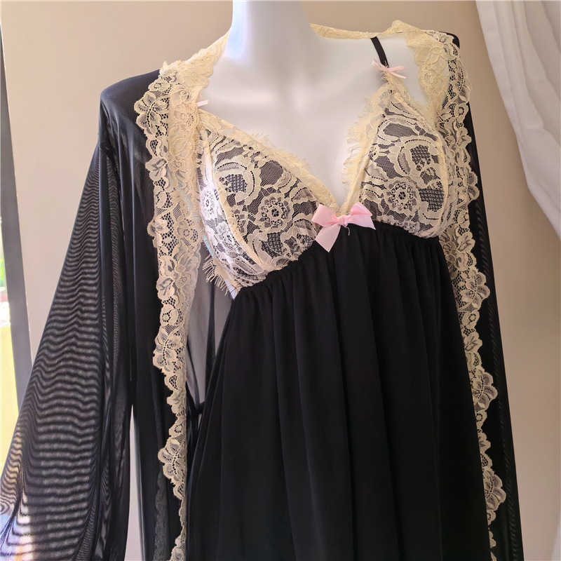 1053 plus size fat mm250 kg mesh pajamas women's condole belt nightgown suit sweet two-piece set with chest pad