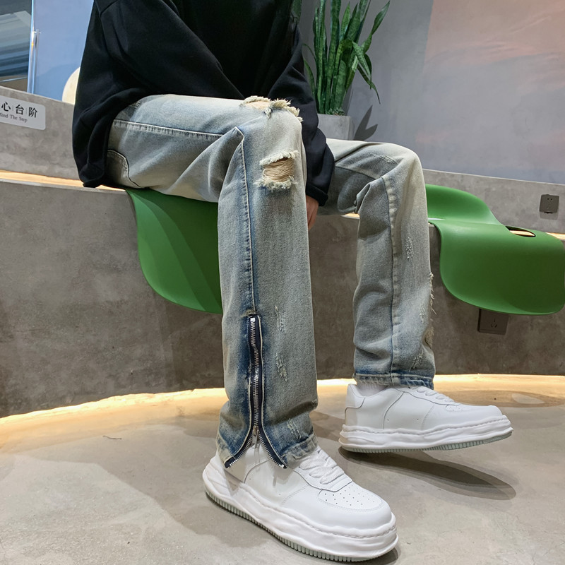 Ripped Jeans Men's Niche Design Sense European and American High Street vibe Fashion Brand American Summer ins Zipper Pants Men