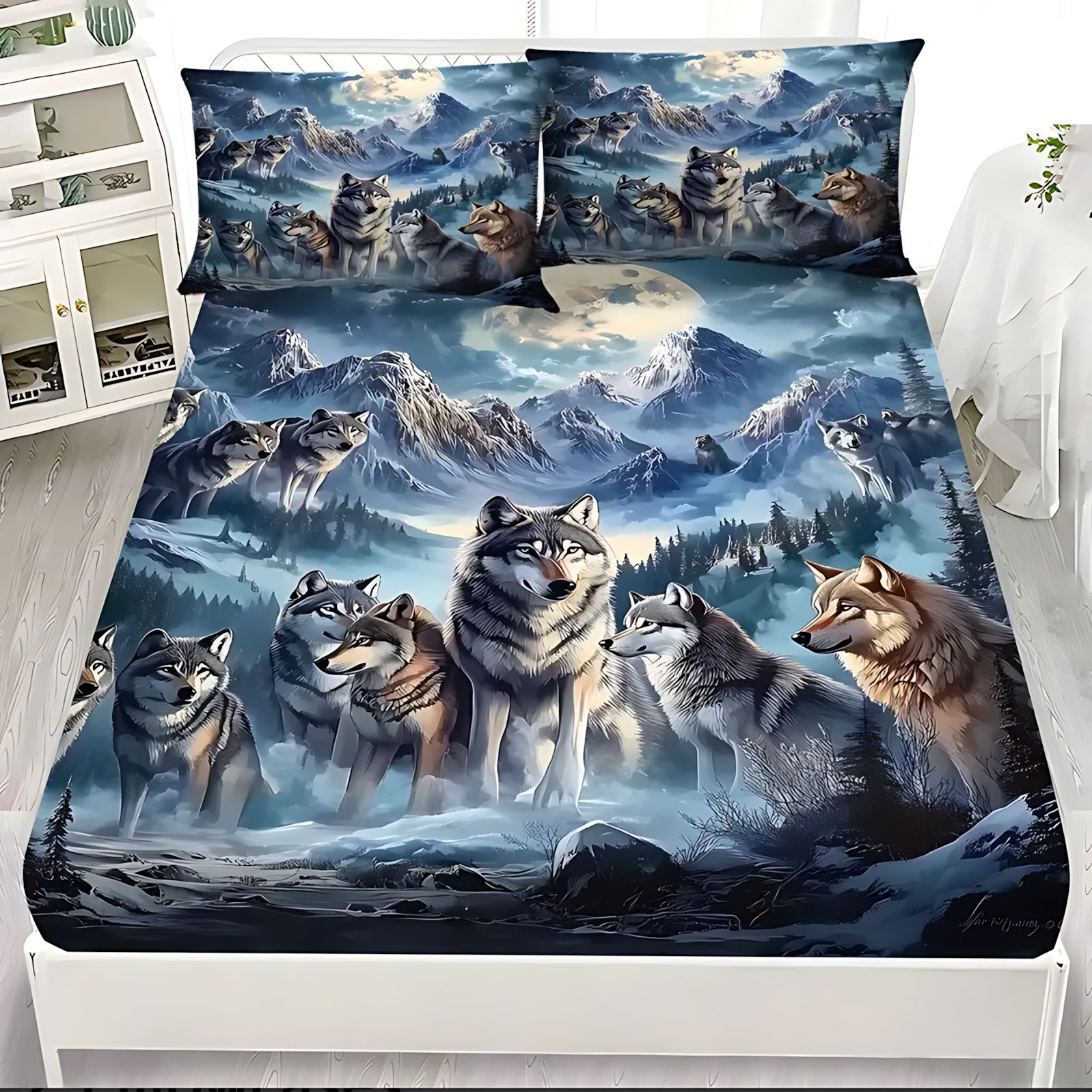 TEMU / JIT Transfronterizo Wolf Dreamcatcher Cama 3D impresión digital camisa colchón kit de ropa de cama se puede diseñar