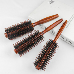 Factory Direct sales wild boar Mane Lotus wood four flat household hair curling comb men and women hair blowing shape roller comb high temperature resistant hairdressing