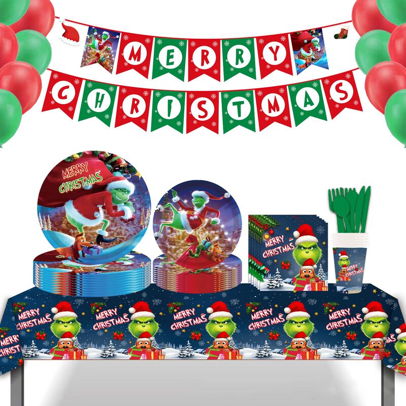 New Christmas Green Hair Monster Grinch Paper Cup Plate Tableware Triangle Birthday Holiday Party Atmosphere Layout