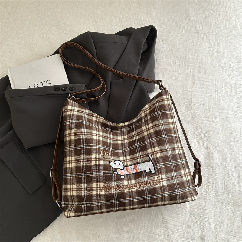Capacious Convertible Shoulder Bag Backpack, Plaid Pattern with Embroidered Motif, Spacious