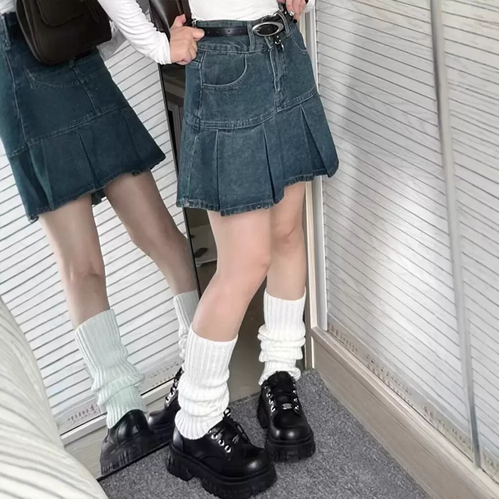 【店铺热销】复古百褶牛仔短裙女夏季胖mm大码遮肚显瘦梨形身材高