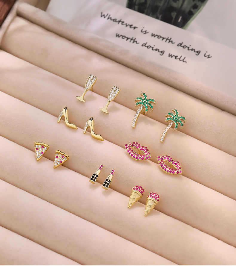 925 Sterling Silver Ear Needle Material 1 Pair 925 Sterling Silver Zircon Coconut Tree Wine Glass High Heel Ear Studs