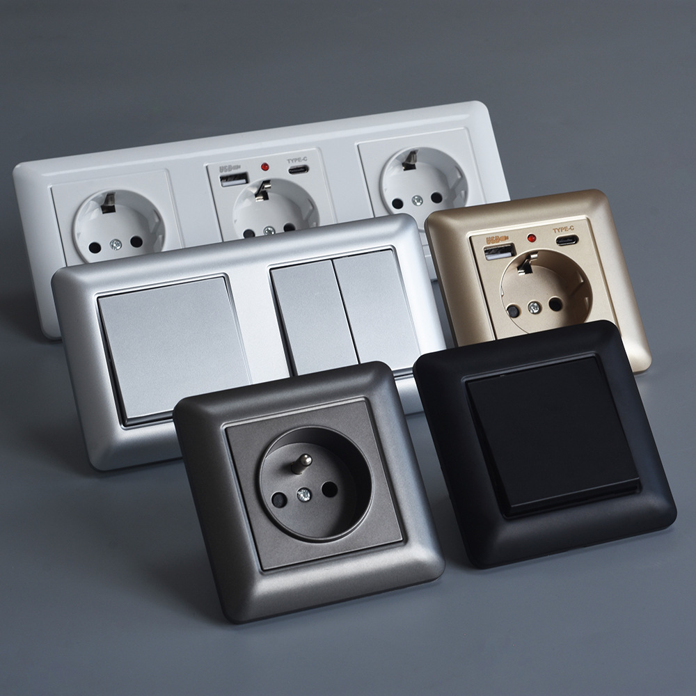 跨境联体欧式开关插座16A俄罗斯墙壁电源面板带USB+Type c充电