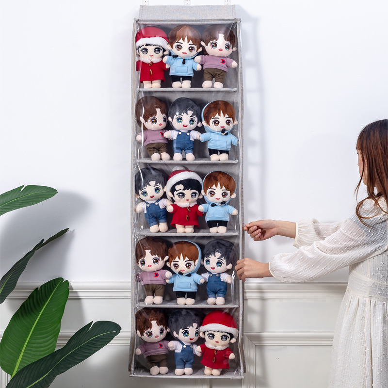Bolsa colgante de almacenamiento de muñecas de algodón sellada juguete de marionetas de múltiples capas que organiza la muñeca transparente a prueba de polvo detrás de la puerta artefacto de almacenamiento