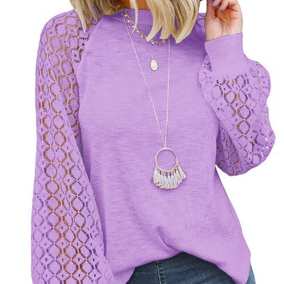 2026 New Women's Clothing Amazon Cross-Border Round Neck Long-Sleeved Lace Splicing Loose Top for Women