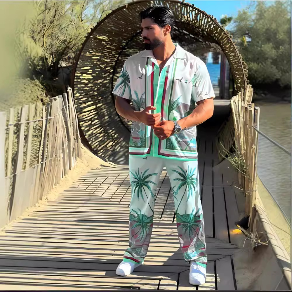 Neues Herrenhemd mit Print, lässiges Kurzarm-Set mit langer Hose für den Strand_voghion.com