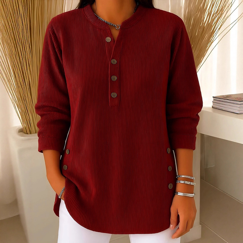 2025 Cross-Border European and American Autumn and Winter New Corduroy Pure Color Loose Casual V Neck Button Long-Sleeved Women's Top T-Shirt