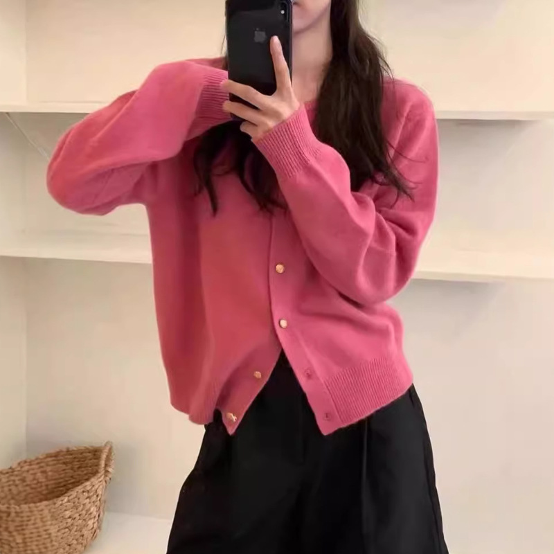 Egg Small Gold Button Round Neck Long-Sleeved Knitted Cardigan Pure Color Korean Short Sweater Jacket Top Trendy Simple Style