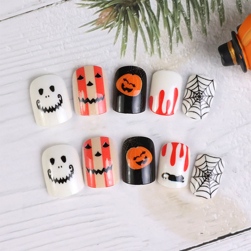 Uña de Halloween, esmalte de uñas, gota de sangre, calabaza, araña, tela de araña, pieza de uñas, uñas, uñas, uñas