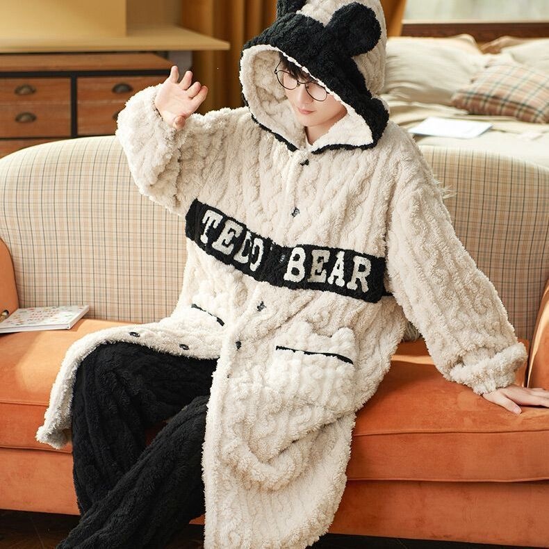 Men's hooded pajama set, suitable for wearing outside, with a thickened, cartoon-patterned coral fleece flannel robe and matching pajama pants, perfect for winter Men's hooded pajama set, suitable for wearing outside, with a thickened, cartoon-patterned coral fleece flannel robe and matching pajama pants, perfect for winter