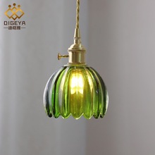 日式复古全铜玻璃琥珀小花朵单头卧室吧台餐厅奶茶北欧简约吊灯