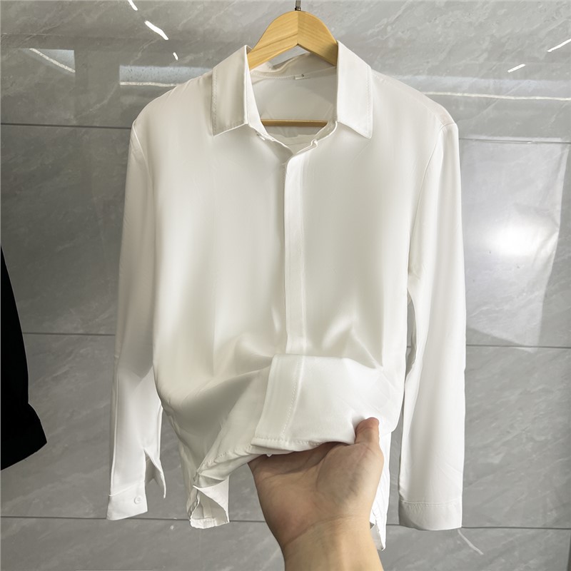 Camicia bianca senza cuciture con bottoni, da uomo, a maniche lunghe, drappeggiata, da parrucchiere, bianca, casual, ampia, in chiffon, piccola, fresca_voghion.com