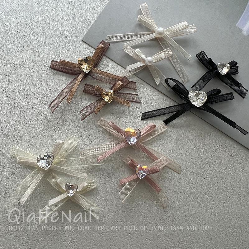 蕾丝欧根纱双层飘带蝴蝶结手工堆钻布艺网纱爱心蝴蝶结美甲饰品钻|undefined