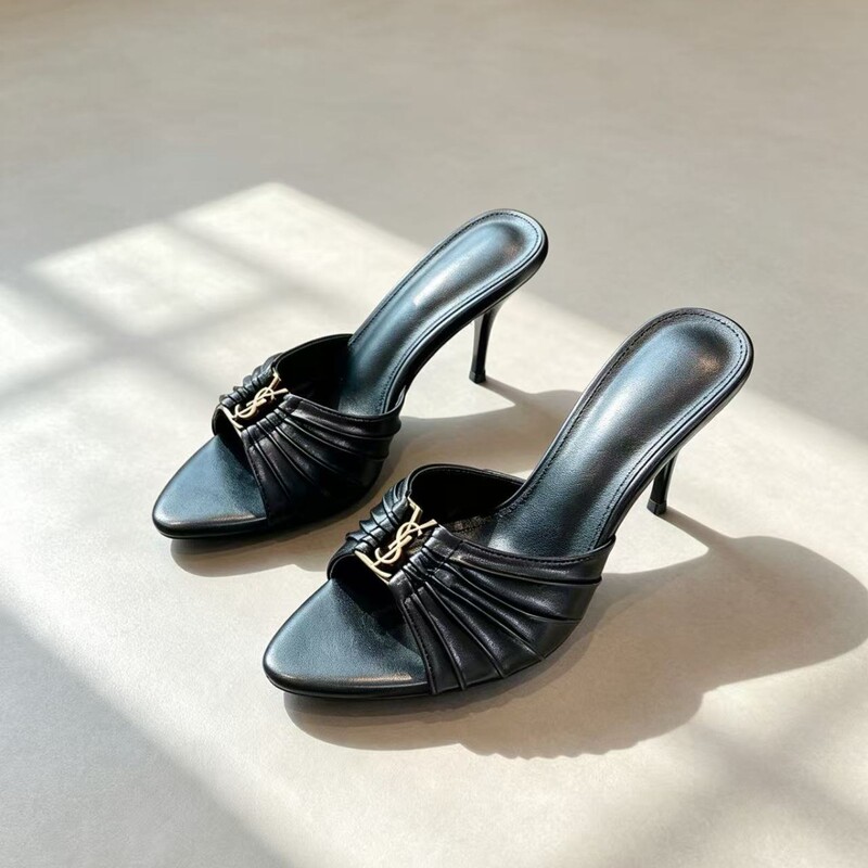 YS high-end summer pointed-toe open-toe mules with stiletto heels, women's black evening and commuting slip-on sandals