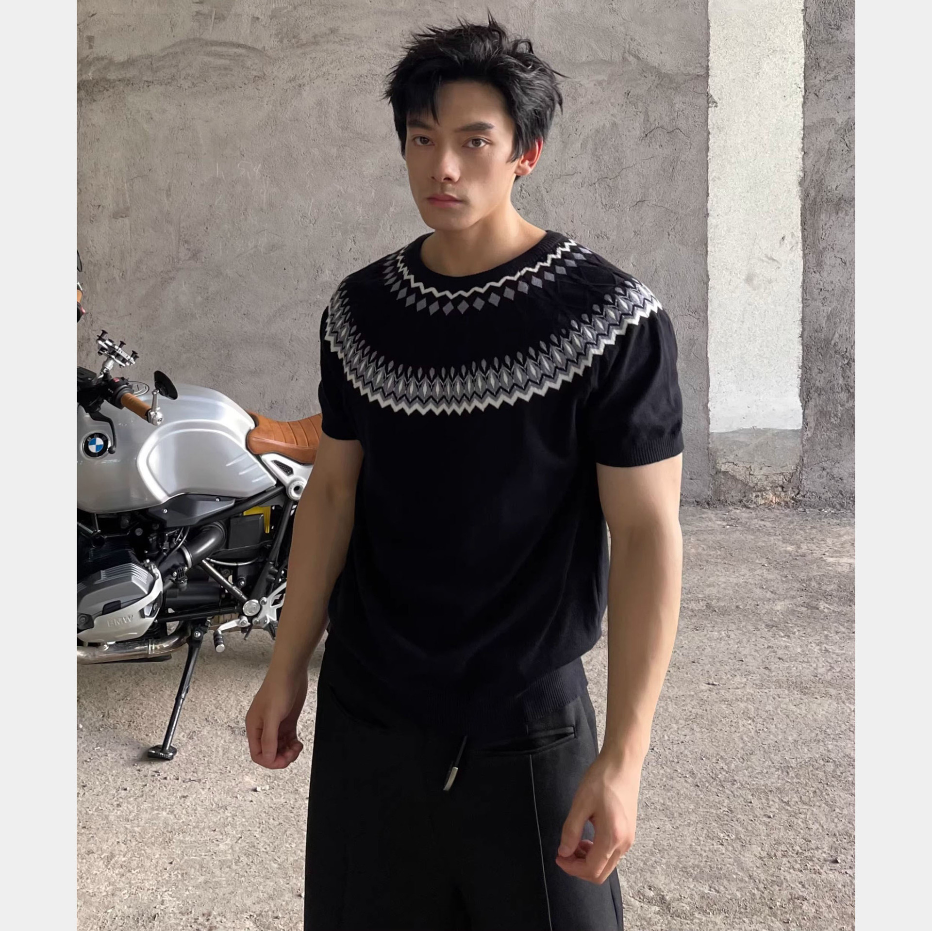 Isla de Fair camiseta de punto de manga corta camiseta de cuello redondo jacquard hombre viejo estilo casual hielo de verano fábrica transfronteriza mayorista