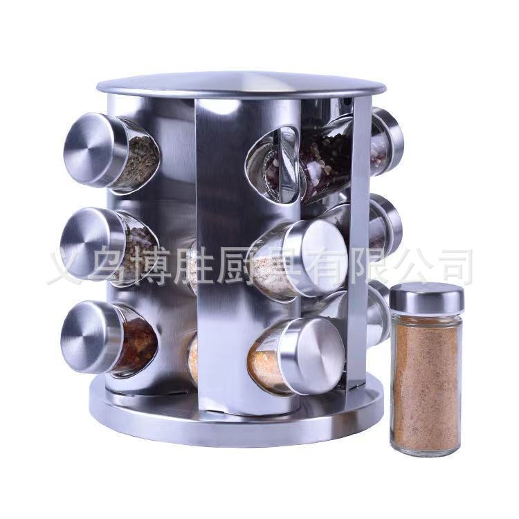 Fábrica directa de acero inoxidable estante de especias botella de vidrio estante de Estaño con 12 tipos de latas de especias giratorio estante de especias