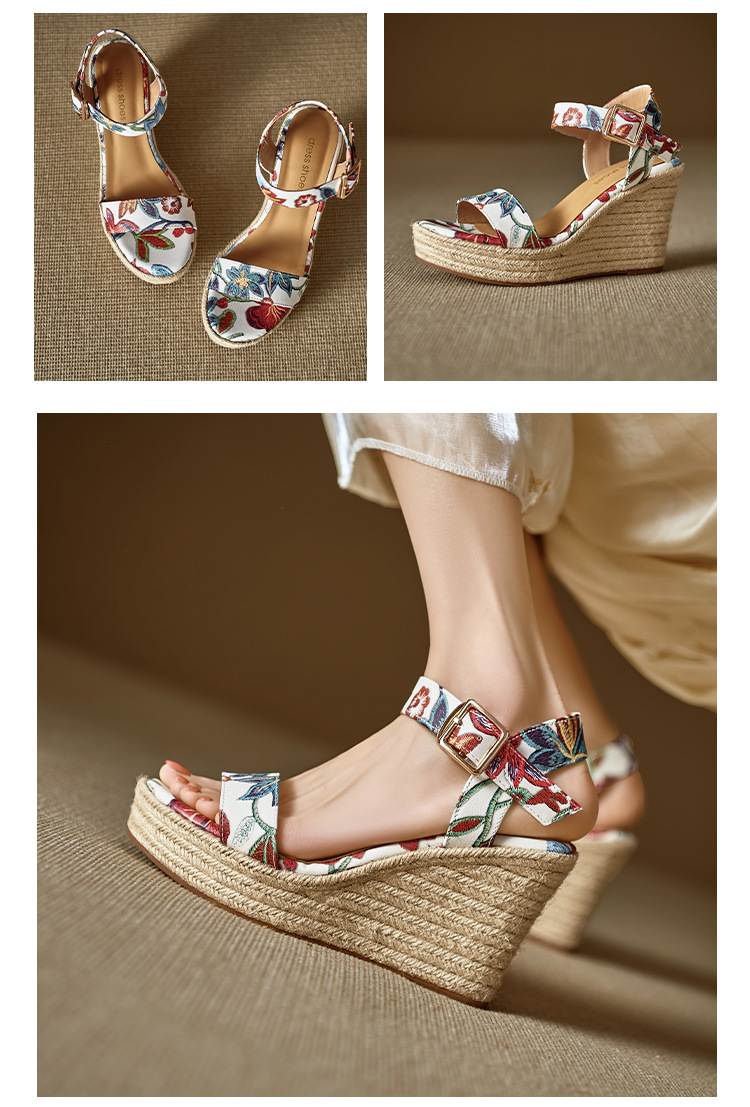 Sandal cao gót nữ hở mũi phong cách Bohemian, đế xuồng đan rơm, quai ngang khóa cài, họa tiết hoa — Xanh trắng, màu hồng nhạt chi tiết 9