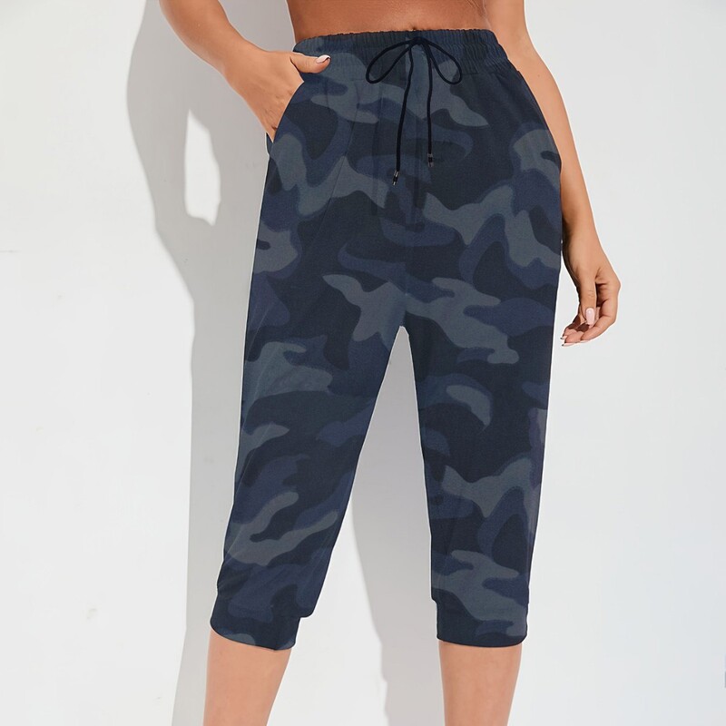 Amazon New European and American Fashion Camouflage Print Black Casual Drawstring Fashion Pocket Loose Cropped Sweatpants