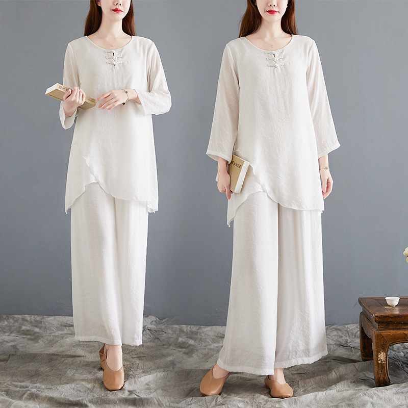 Zen Dance Clothing Women's Suit Chinese Style Zen Fairy Elegant White Tea Suit Zen Suit Large Size Two-Piece Set Cotton