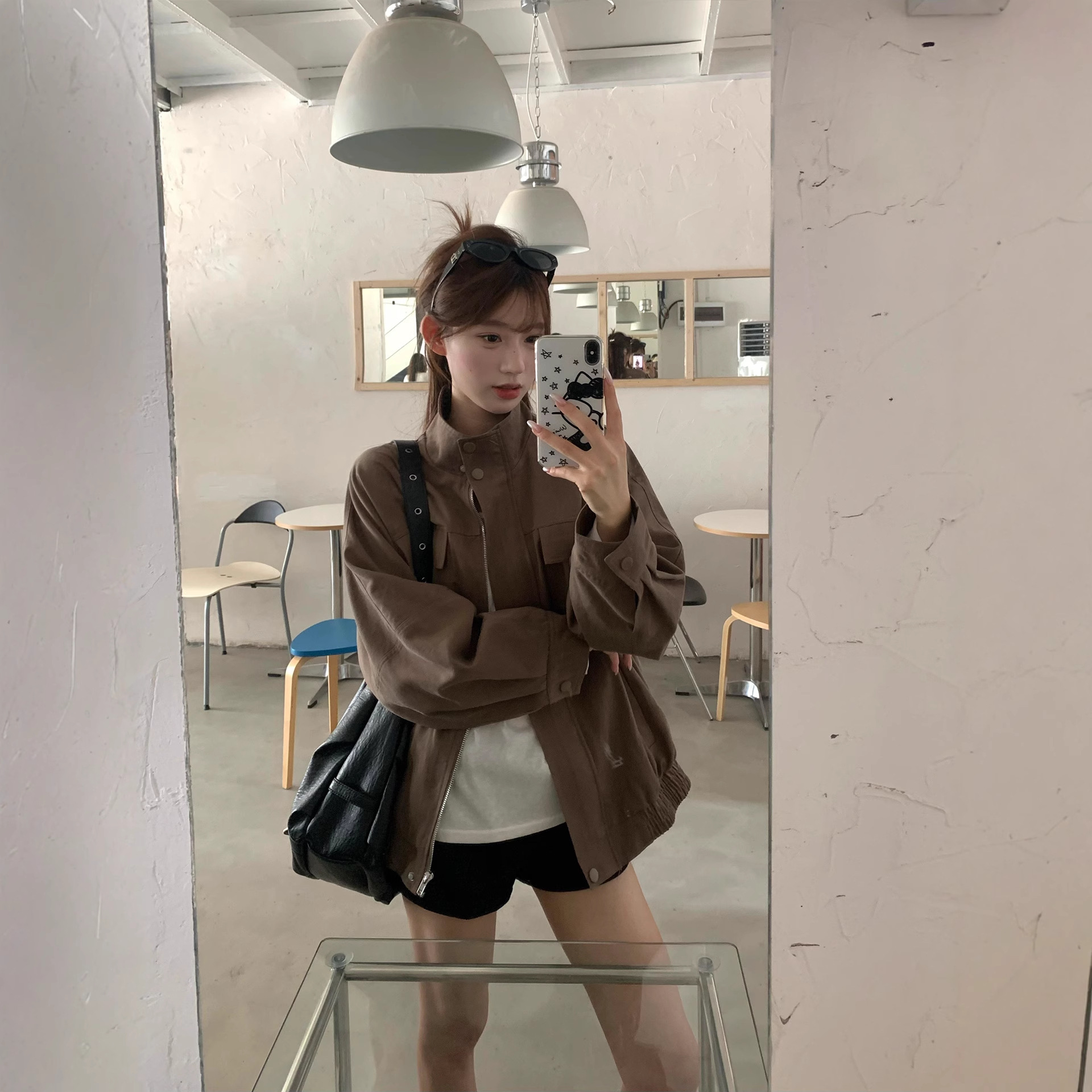 宋正恩咖色廓形洗水棉外套女秋季新款宽松休闲感翻领夹克上衣