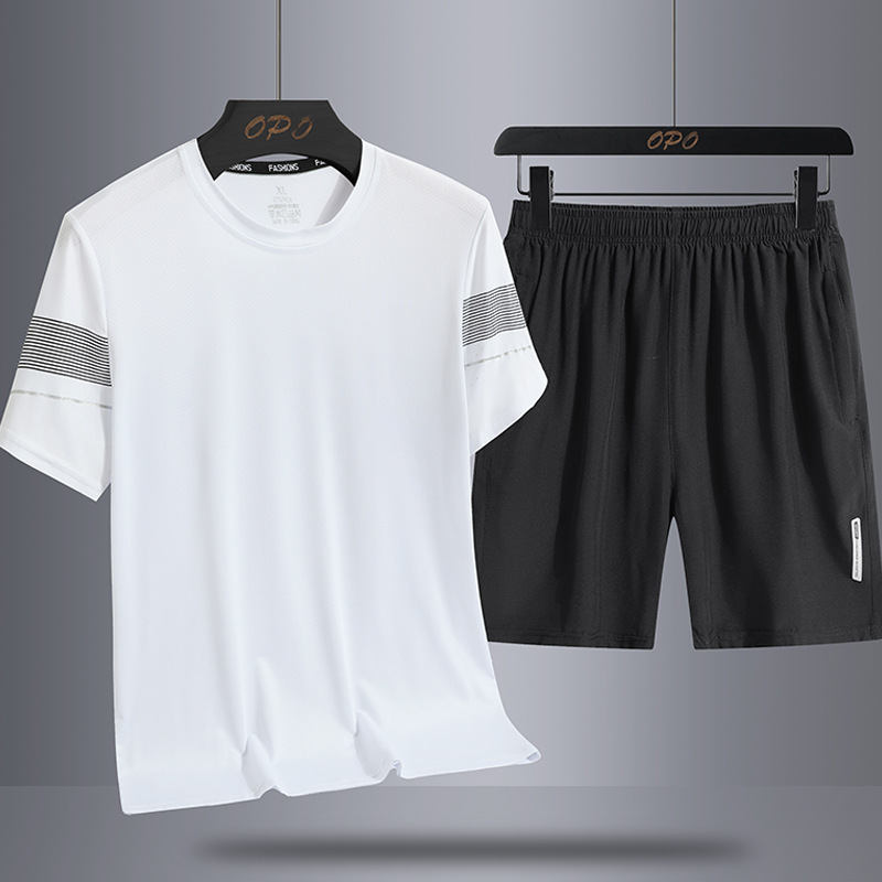 Verano de los hombres de hielo de seda casual traje deportivo suelto de dos piezas de los hombres nuevos transpirables de secado rápido cuello redondo camiseta pantalones cortos